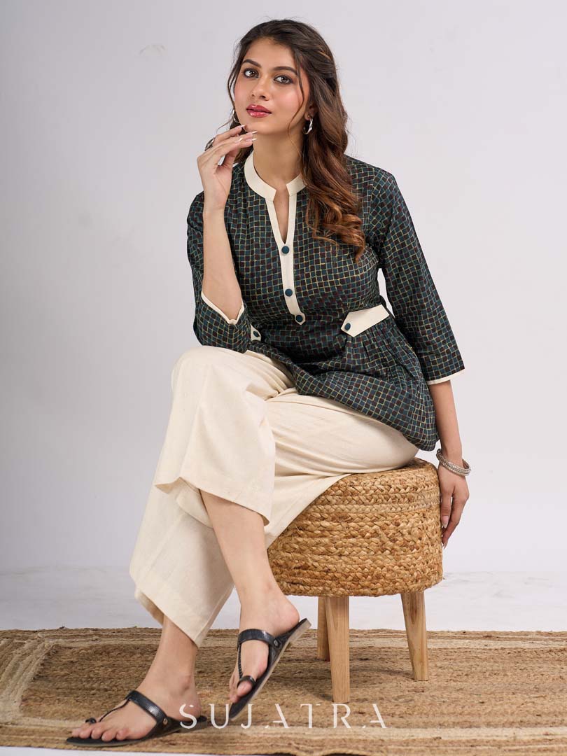 Teal Cotton Designer Top with Front Button Placket and Side Waist Tabs
