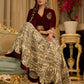 Madhubani print lehenga with a scalloped hem, paired with a rich maroon velvet blouse - Short Jacket with elegant brooch style embroidery Optional