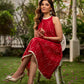 Statement red Ikat halter-neck dress accented in white, designed with a box pleat at the neckline for fluid drape.