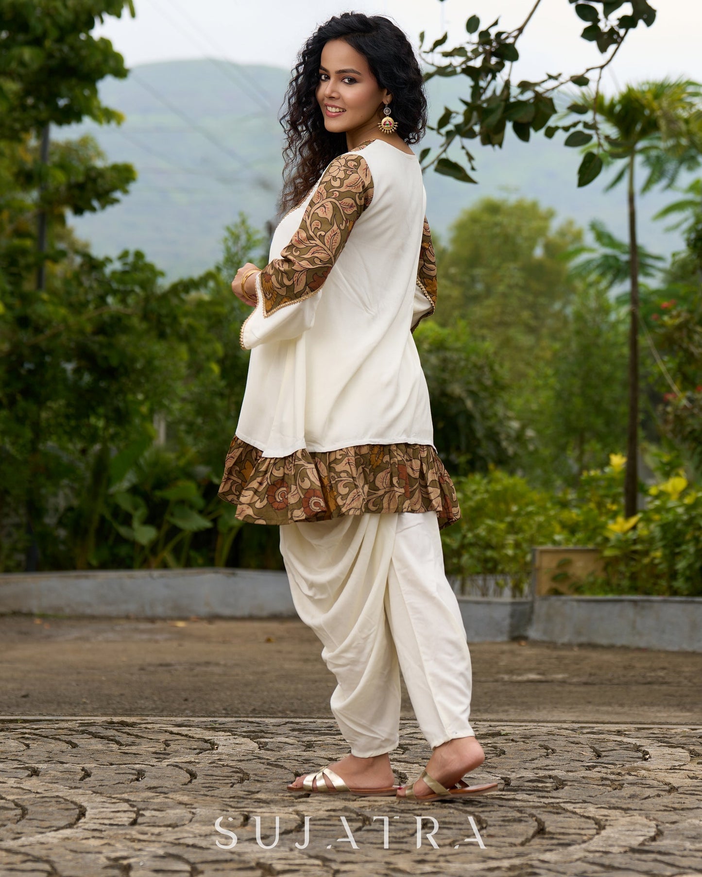 Boho Kalamkari Flared Short Tunic with Statement Sleeves  - Dhoti Pant Additional