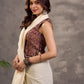 Dark Brown Kalamkari Printed Sleeveless Blouse with Mirror Lace Embellishment and V Neck