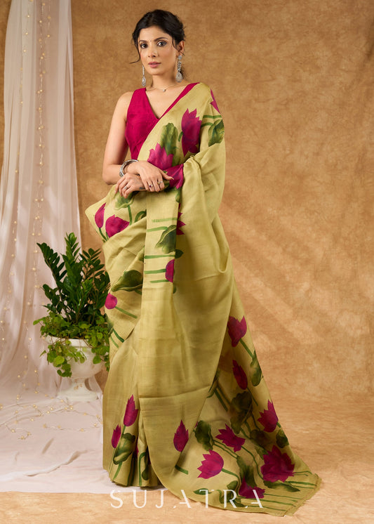 Chic Hand Painted Light Olive Pure Silk Floral Saree