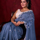 Steel Grey Chanderi Saree with Delicate Embroidered Butta & Scalloped Detailing