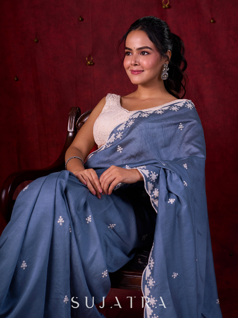 Steel Grey Chanderi Saree with Delicate Embroidered Butta & Scalloped Detailing