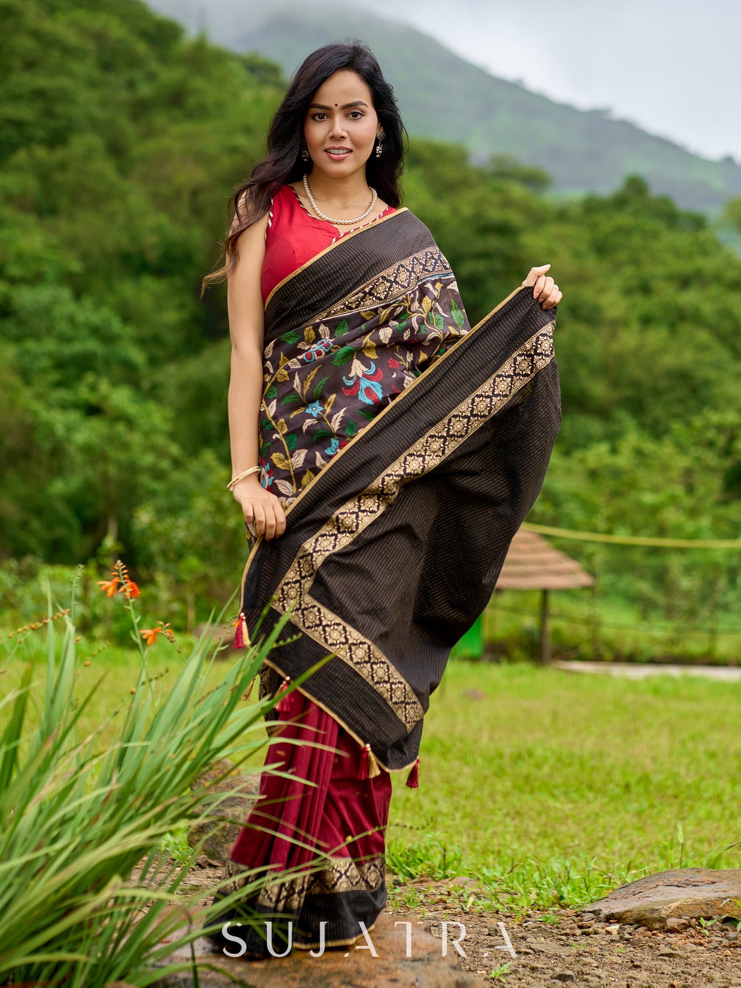 Artisanal maroon & black combination saree with hand painted Kalamkari pallu and golden borders