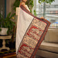 Elegant White Hakoba Cotton Saree with Rust-Red Kalamkari Print & Ajrakh Chevron Border