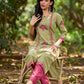 Radiant Mint Green Cotton Kurta with Minimal Floral Hand Block Motifs and Magenta Detailing
