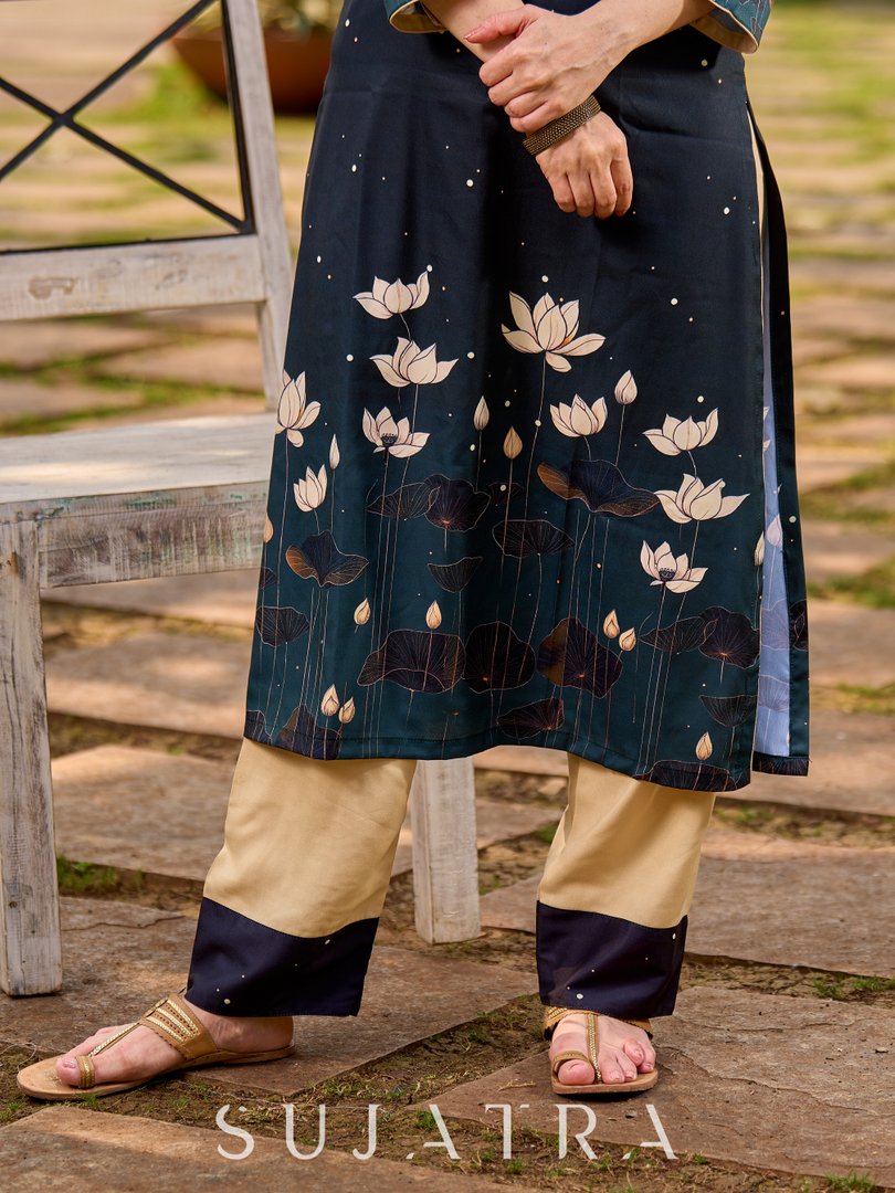 Stunning bottle green kurta adorned with a cream lotus midnight-inspired print.