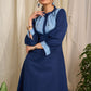 Elegant navy cotton dress with contrasting block printed yoke and cuffs