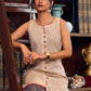 Elegant Beige Sleeveless Dress with Traditional Ajrakh Details - Jacket Optional