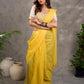 Off White and Mustard Elbow Sleeve Blouse with Contrast Piping and Hand Painted Gond Art on Back