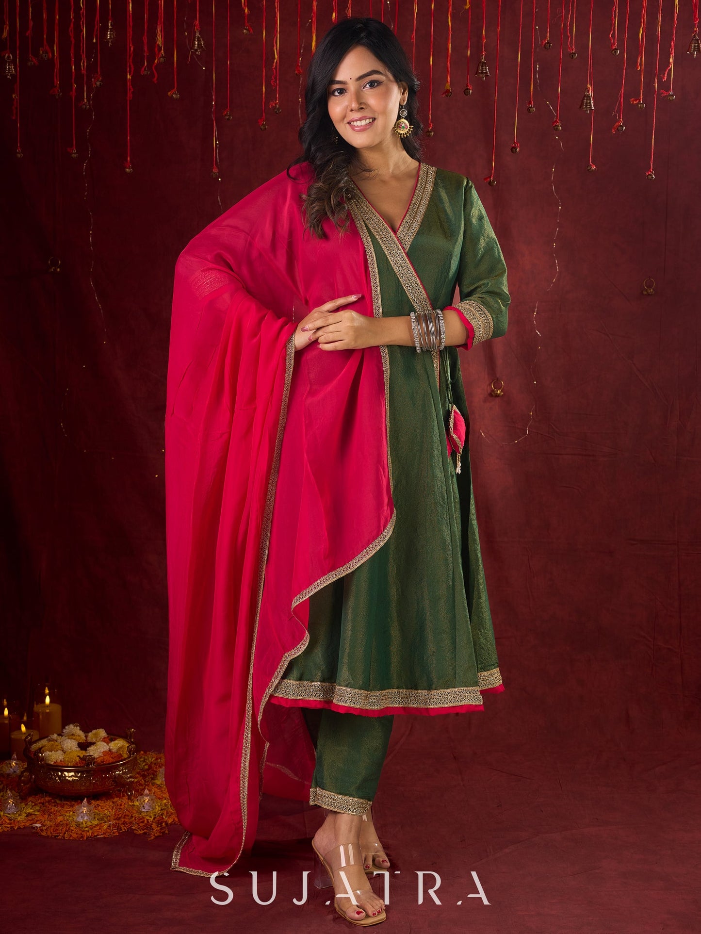 Jade Green Angarkha Anarkali with Eye-Catching Tassel Details