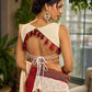 Elegant White Hakoba Cotton Saree with Rust-Red Kalamkari Print & Ajrakh Chevron Border