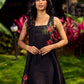 Chic Black Cotton Dress With Handcrafted Red Floral Applique And Contrast Green Detailing