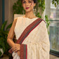 Elegant White Hakoba Cotton Saree with Rust-Red Kalamkari Print & Ajrakh Chevron Border