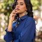 Navy Cotton Shirt Featuring Fine Pintuck Detailing & Statement Sleeves and Collar