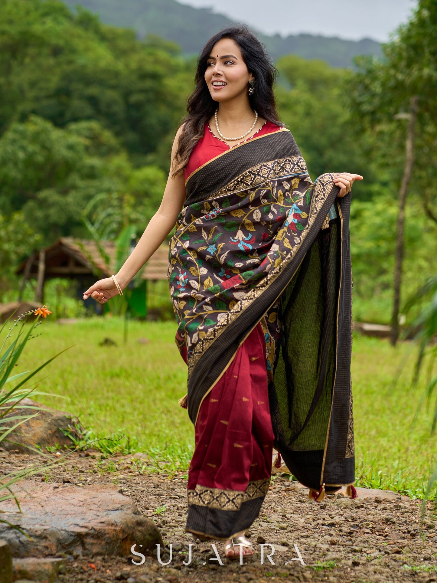 Artisanal maroon & black combination saree with hand painted Kalamkari pallu and golden borders
