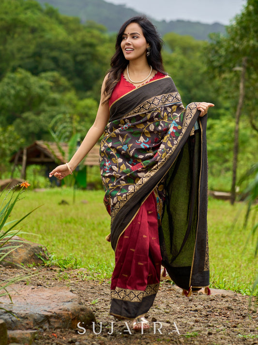 Artisanal maroon & black combination saree with hand painted Kalamkari pallu and golden borders