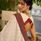Elegant White Hakoba Cotton Saree with Rust-Red Kalamkari Print & Ajrakh Chevron Border