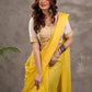 Off White and Mustard Elbow Sleeve Blouse with Contrast Piping and Hand Painted Gond Art on Back
