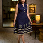 Chic Navy Blue Sleeveless Midi Dress with All-Around Block Print Floral Hem & Ivory Polka Dot Band with Box Pleat
