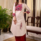 Off White Cotton Flex Apple-Cut Kurta with Red Printed Yoke and Tassel Detail