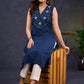 Graceful-Navy-Blue-Cotton-Sleeveless-Kurta-With-Beautiful-Floral-Embroidery-On-The-Yoke--Pant-Optional