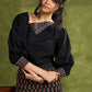 Black Cotton Top With Asymmetric Neck And Puffed Sleeves - Skirt Optional