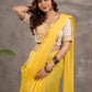 Off White and Mustard Elbow Sleeve Blouse with Contrast Piping and Hand Painted Gond Art on Back