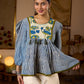 Exquisite Indigo Striped Top with Dramatic Puffy Sleeves, Contrasting Yoke & Tassel Embellishments