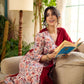 Jaipur-printed maroon floral crossover dress featuring a wrap-style silhouette with a coordinating floral tie-up, creating a flattering cinched waist and a breezy, feminine flow.