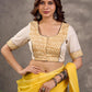 Off White and Mustard Elbow Sleeve Blouse with Contrast Piping and Hand Painted Gond Art on Back