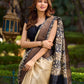 Elegant Ivory and Charcoal Pure Tussar Silk Saree With Kalamkari Inspiration Featuring Leaf Motifs and a Refined Jari Border