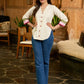 Off White Flex Cotton Top with Colorblock Sleeves and Floral Embroidery