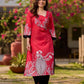 Artisanal red kurta adorned with a Kalamkari peacock motif and a striking asymmetrical neck detail