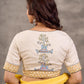 Off White and Mustard Elbow Sleeve Blouse with Contrast Piping and Hand Painted Gond Art on Back