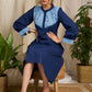 Elegant navy cotton dress with contrasting block printed yoke and cuffs