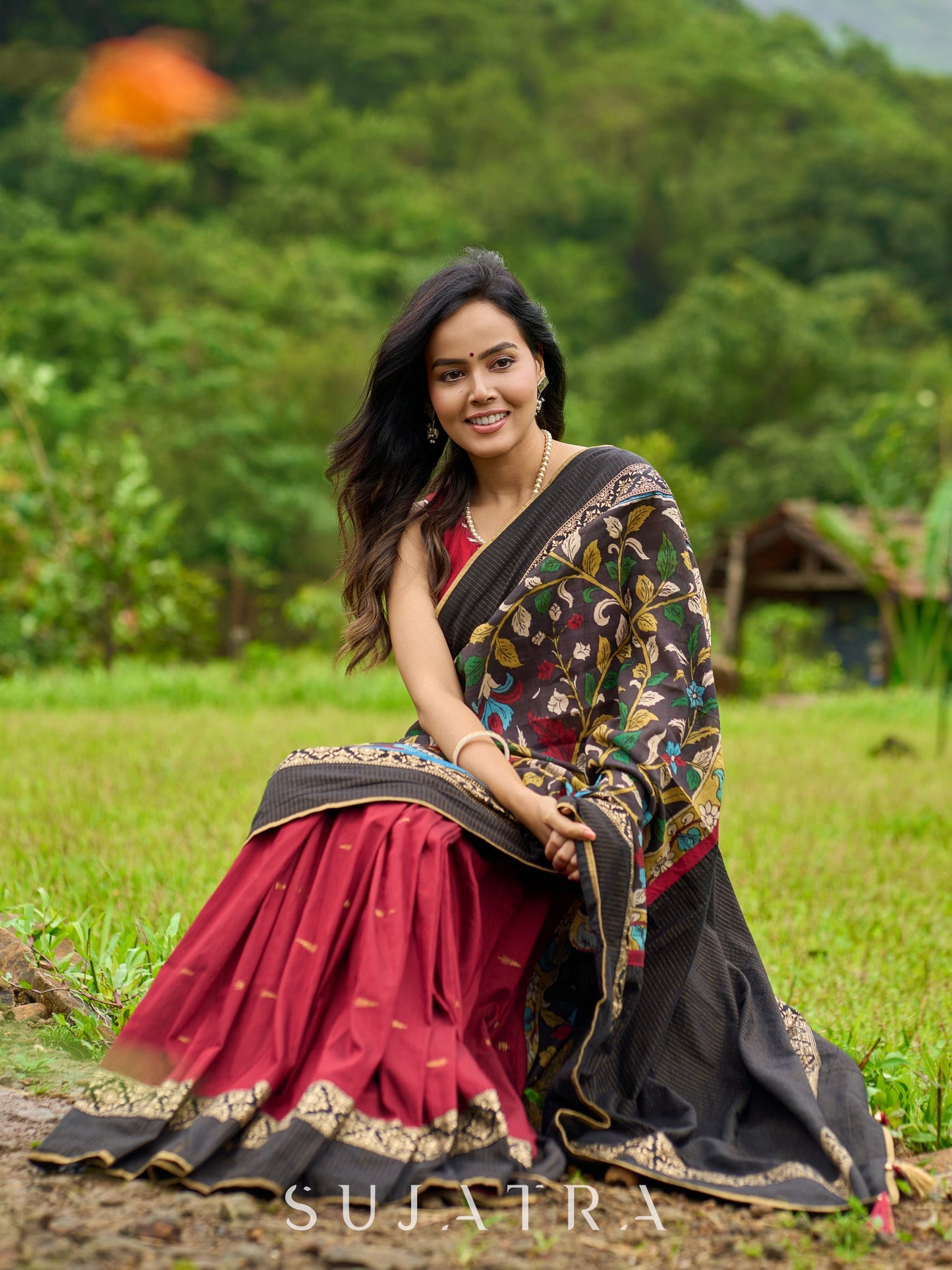 Artisanal maroon & black combination saree with hand painted Kalamkari pallu and golden borders