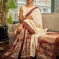 Elegant White Hakoba Cotton Saree with Rust-Red Kalamkari Print & Ajrakh Chevron Border