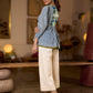 Exquisite Indigo Striped Top with Dramatic Puffy Sleeves, Contrasting Yoke & Tassel Embellishments