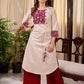 Off White Cotton Flex Apple-Cut Kurta with Red Printed Yoke and Tassel Detail