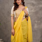 Off White and Mustard Elbow Sleeve Blouse with Contrast Piping and Hand Painted Gond Art on Back