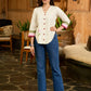 Off White Flex Cotton Top with Colorblock Sleeves and Floral Embroidery