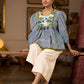 Exquisite Indigo Striped Top with Dramatic Puffy Sleeves, Contrasting Yoke & Tassel Embellishments