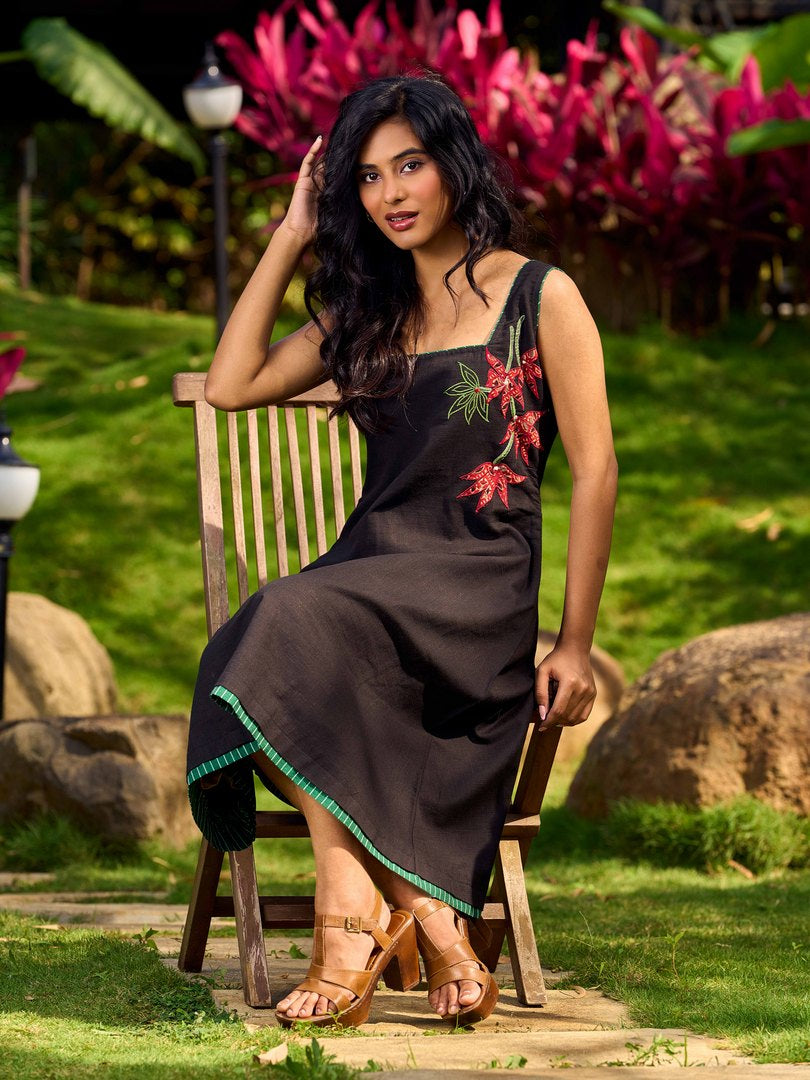 Chic Black Cotton Dress With Handcrafted Red Floral Applique And Contrast Green Detailing