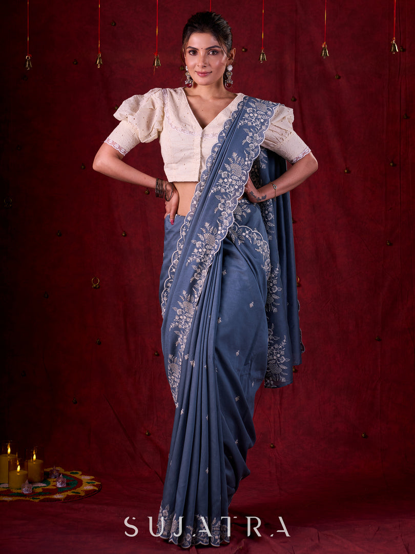 Smokey Grey Chanderi Saree with All-Over Butta Work & Exquisite Scalloped Embroidery