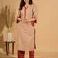 Crème Charm Mul Cotton Kurta with Printed Red Yoke and Pocket
