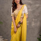 Off White and Mustard Elbow Sleeve Blouse with Contrast Piping and Hand Painted Gond Art on Back