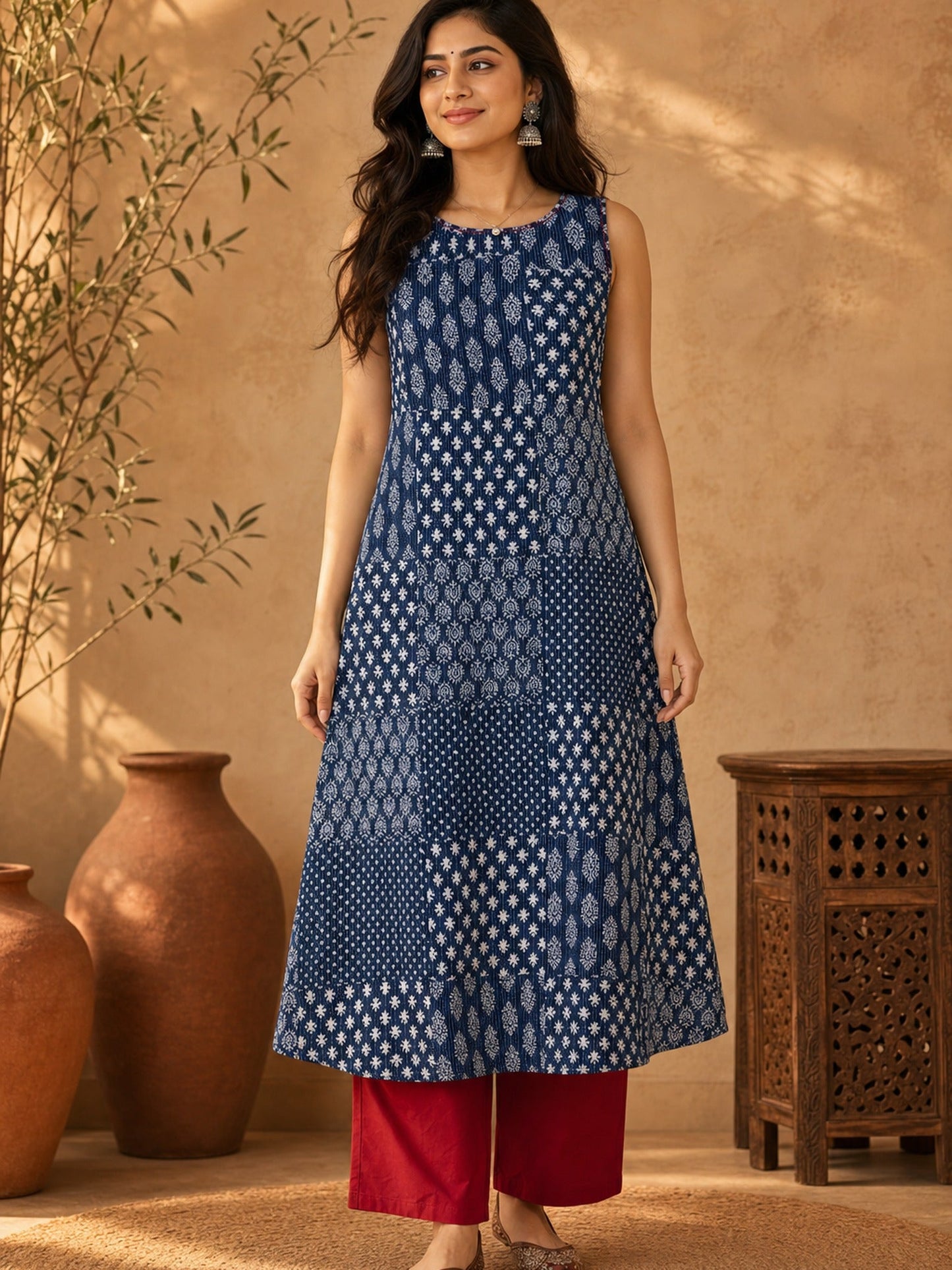 Dark Blue Printed Kantha Cotton A-line Kurta