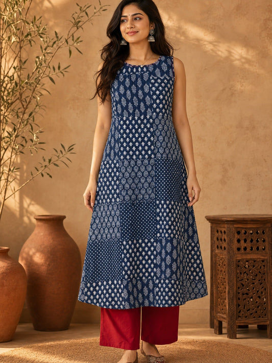Dark Blue Printed Kantha Cotton A-line Kurta